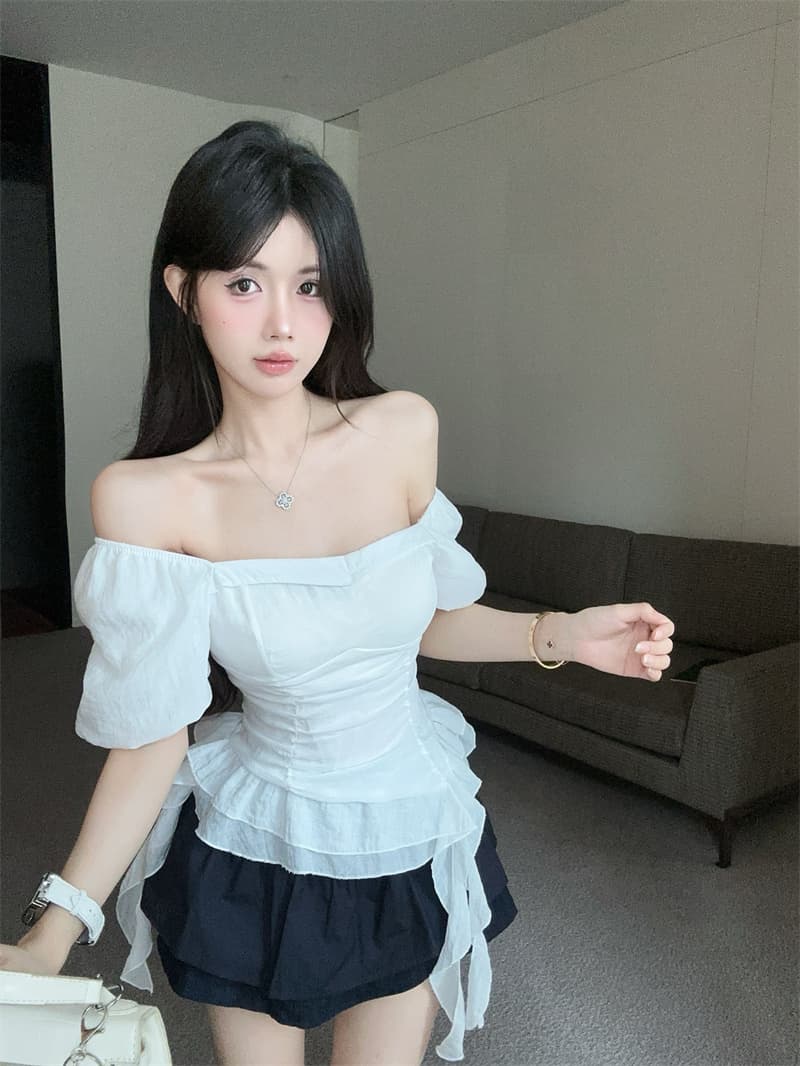 실사 광장 칼라 거품 소매 슈퍼 요정 불규칙 리본 꼬집기 허리 셔츠 맨위 여성 상세 이미지 8