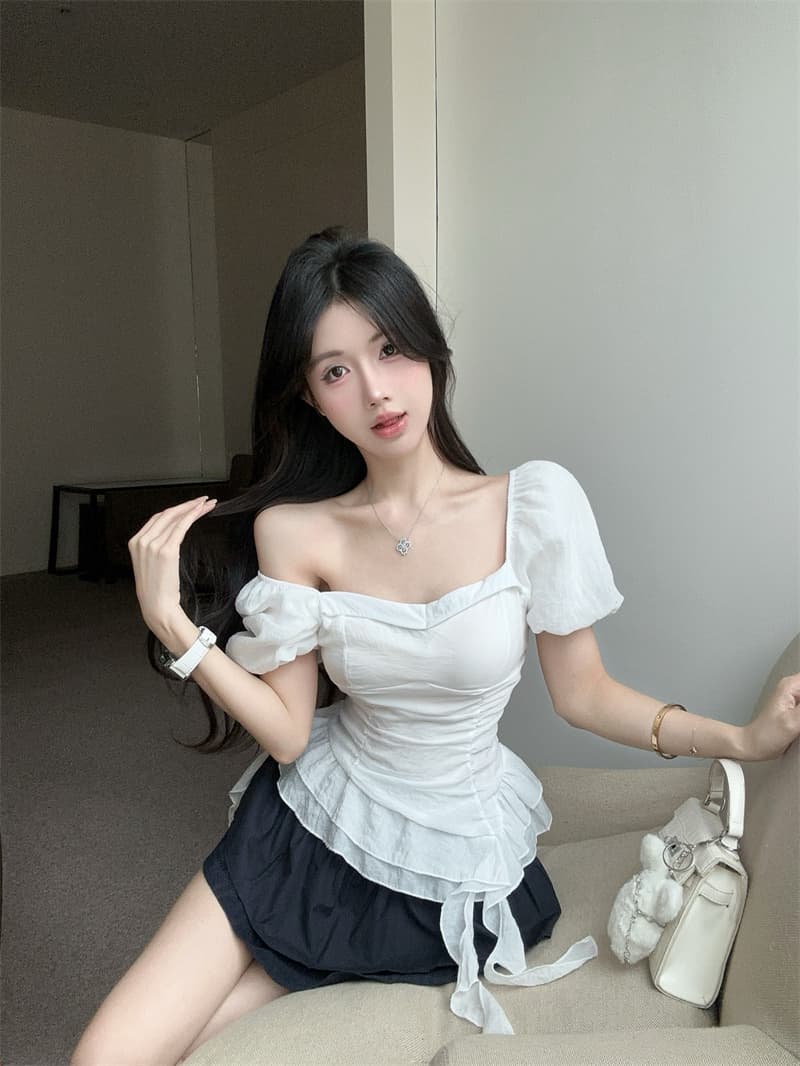 실사 광장 칼라 거품 소매 슈퍼 요정 불규칙 리본 꼬집기 허리 셔츠 맨위 여성 상세 이미지 9