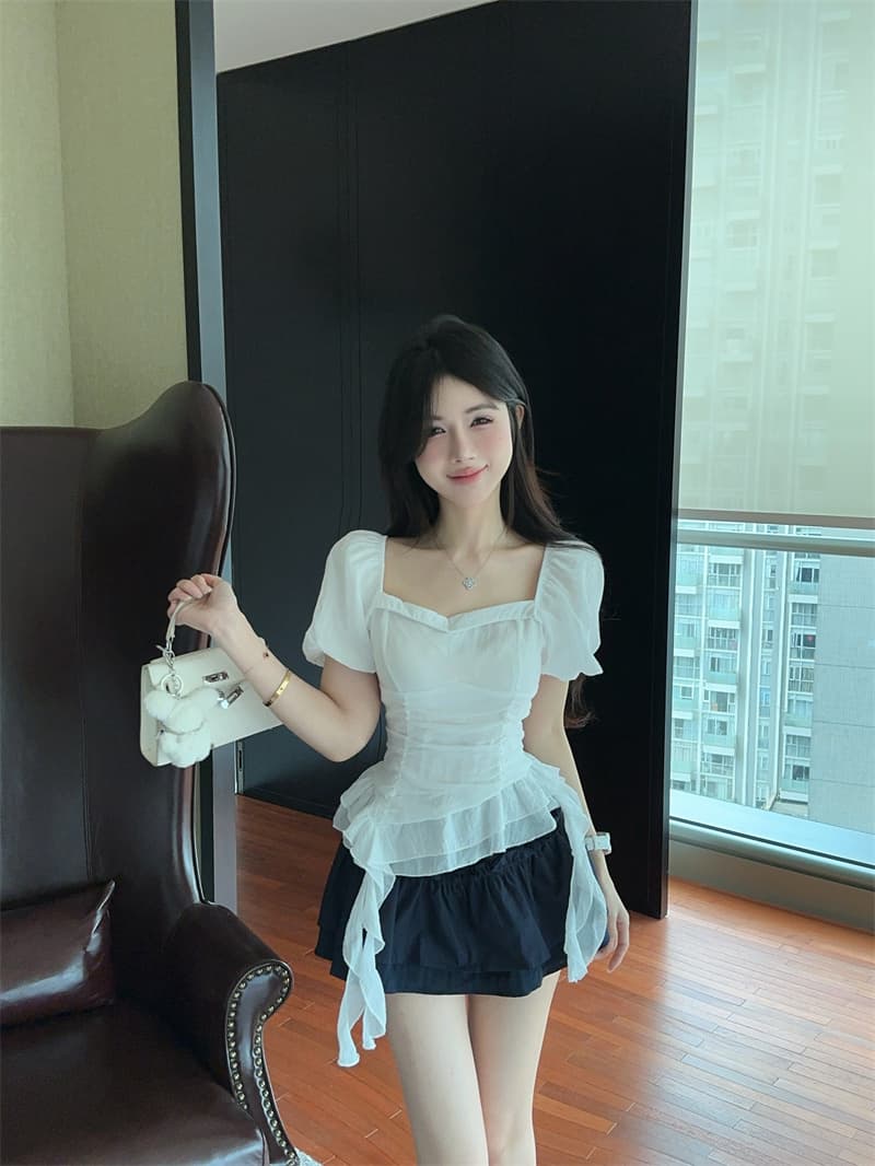 실사 광장 칼라 거품 소매 슈퍼 요정 불규칙 리본 꼬집기 허리 셔츠 맨위 여성 상세 이미지 10