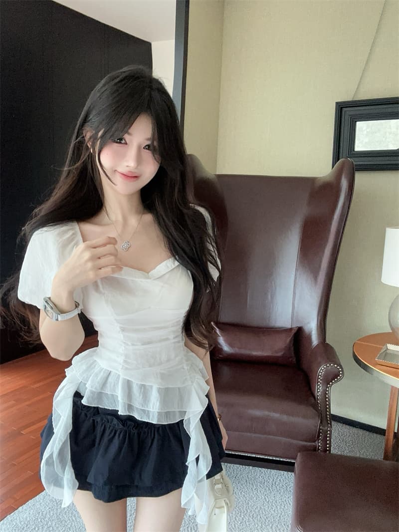 실사 광장 칼라 거품 소매 슈퍼 요정 불규칙 리본 꼬집기 허리 셔츠 맨위 여성 상세 이미지 11