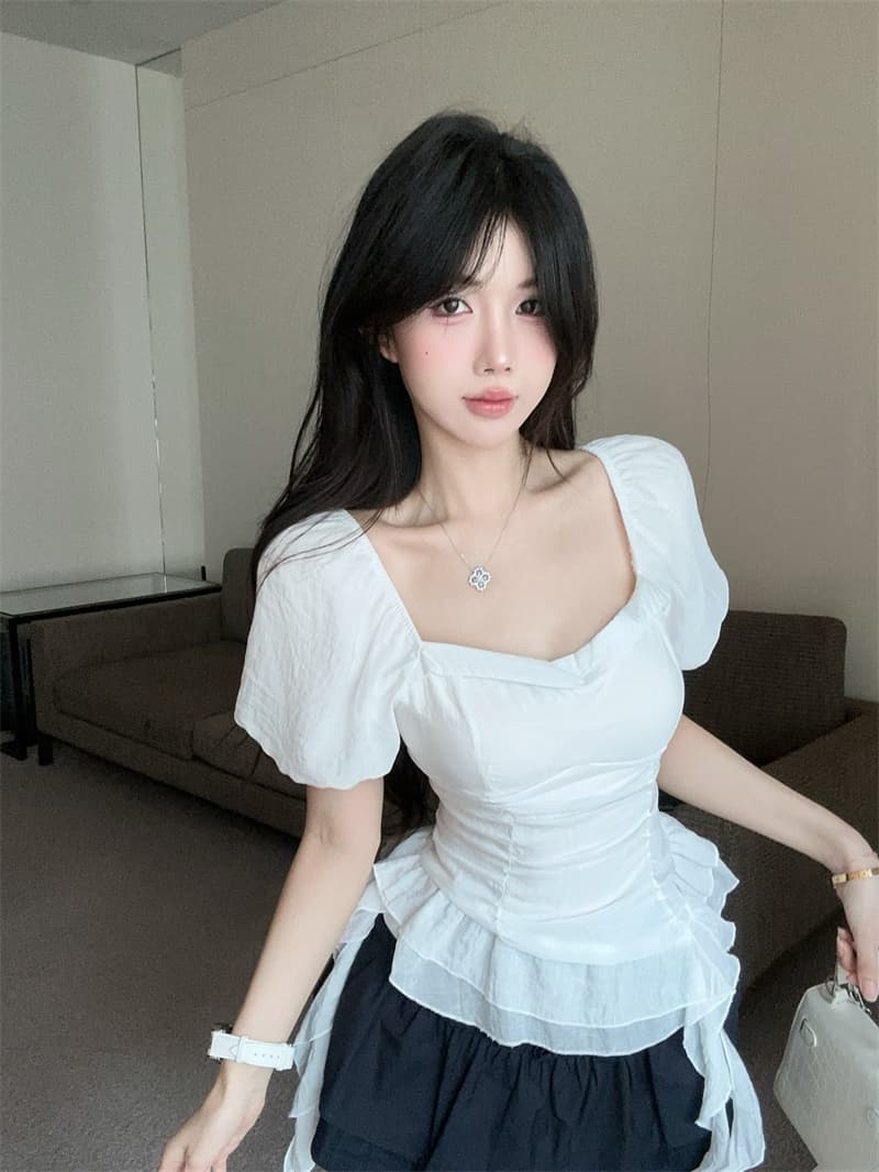 실사 광장 칼라 거품 소매 슈퍼 요정 불규칙 리본 꼬집기 허리 셔츠 맨위 여성 상세 이미지 12