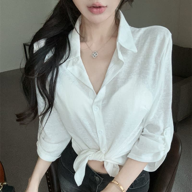 실사 순수한 욕망 작은 대중 화이트 셔츠 패치워크 중간 소매 허리 수축 맨위 여성 이미지 5