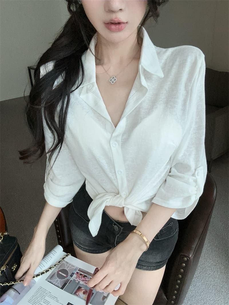 실사 순수한 욕망 작은 대중 화이트 셔츠 패치워크 중간 소매 허리 수축 맨위 여성 상세 이미지 3