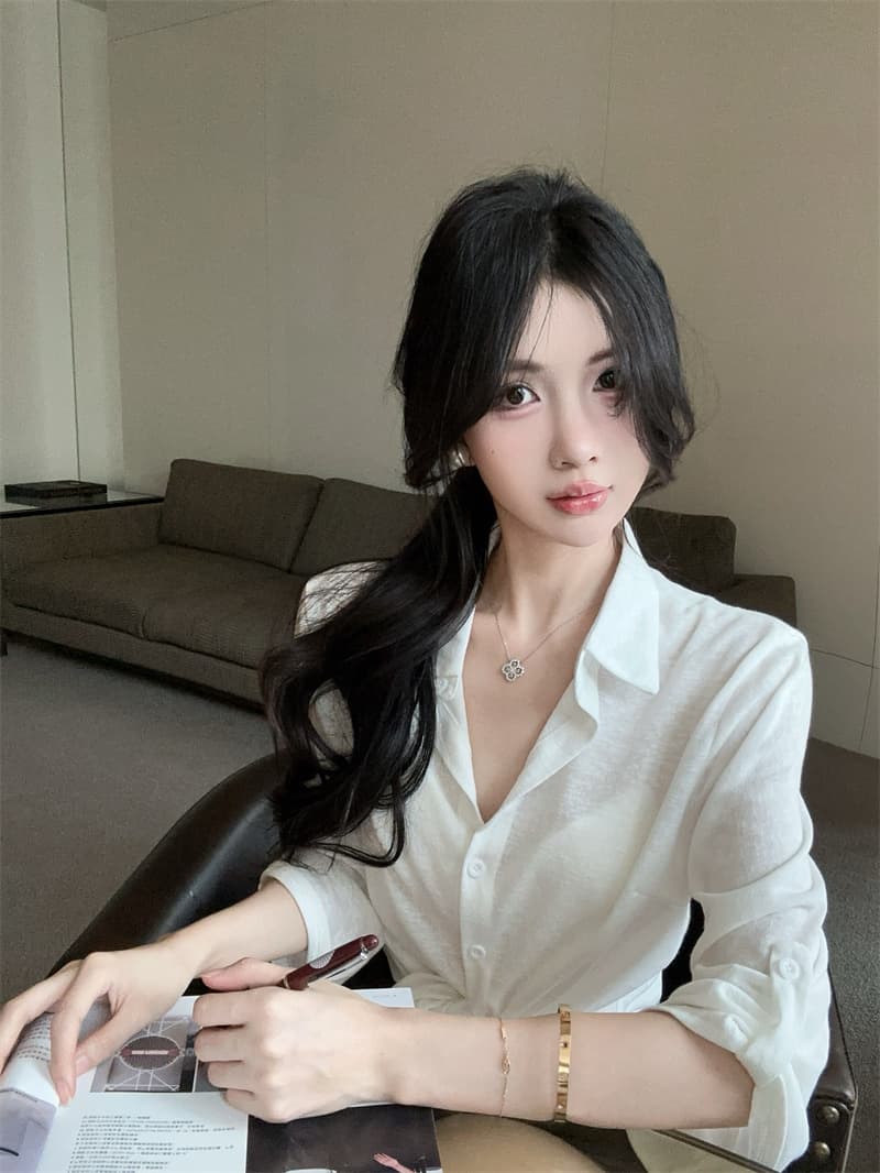 실사 순수한 욕망 작은 대중 화이트 셔츠 패치워크 중간 소매 허리 수축 맨위 여성 상세 이미지 7