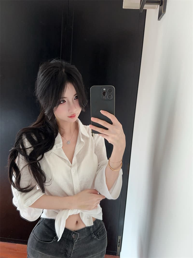 실사 순수한 욕망 작은 대중 화이트 셔츠 패치워크 중간 소매 허리 수축 맨위 여성 상세 이미지 8