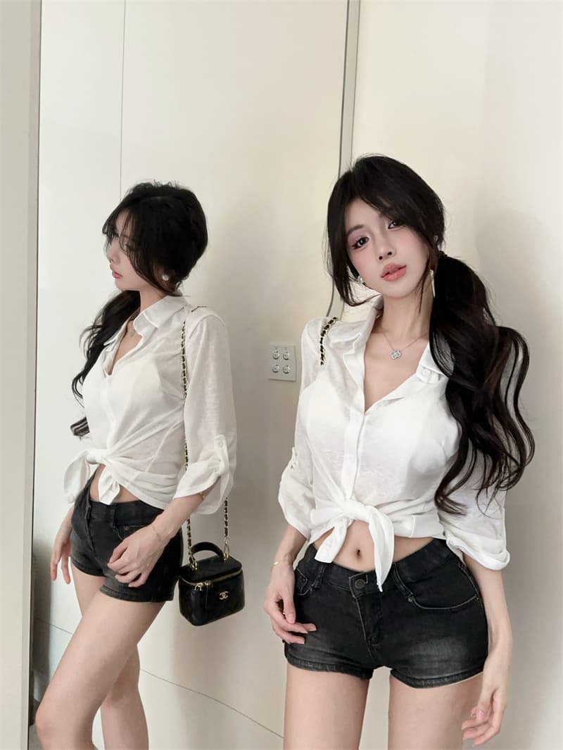 실사 순수한 욕망 작은 대중 화이트 셔츠 패치워크 중간 소매 허리 수축 맨위 여성 상세 이미지 9