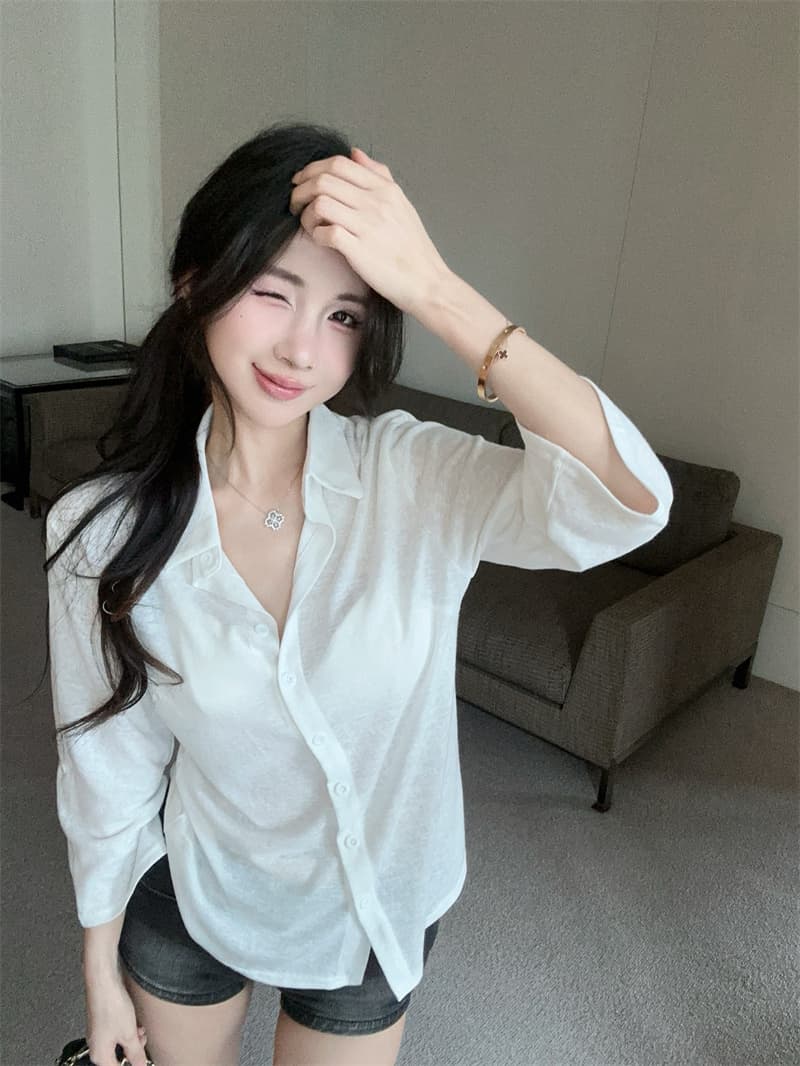 실사 순수한 욕망 작은 대중 화이트 셔츠 패치워크 중간 소매 허리 수축 맨위 여성 상세 이미지 10
