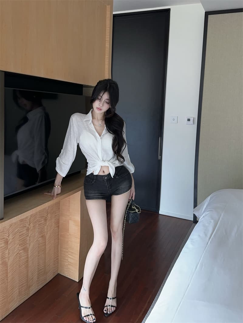 실사 순수한 욕망 작은 대중 화이트 셔츠 패치워크 중간 소매 허리 수축 맨위 여성 상세 이미지 13
