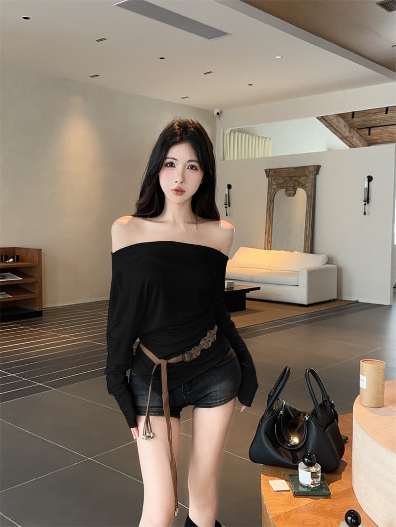 실사 불규칙 오프숄더 몸매 가꾸기 긴팔 순면 티셔츠 맨위 여성 벨트 포함 이미지 3