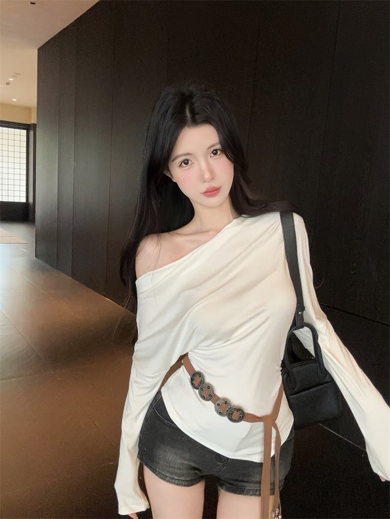실사 불규칙 오프숄더 몸매 가꾸기 긴팔 순면 티셔츠 맨위 여성 벨트 포함 상세 이미지 5
