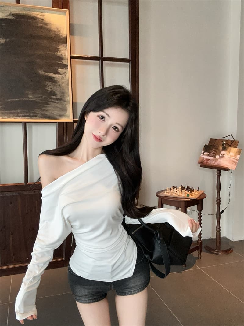 실사 불규칙 오프숄더 몸매 가꾸기 긴팔 순면 티셔츠 맨위 여성 벨트 포함 상세 이미지 6