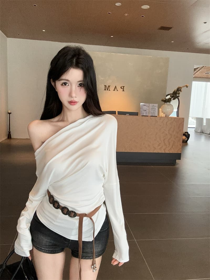 실사 불규칙 오프숄더 몸매 가꾸기 긴팔 순면 티셔츠 맨위 여성 벨트 포함 상세 이미지 7