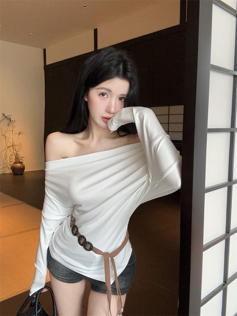 실사 불규칙 오프숄더 몸매 가꾸기 긴팔 순면 티셔츠 맨위 여성 벨트 포함 상세 이미지 8