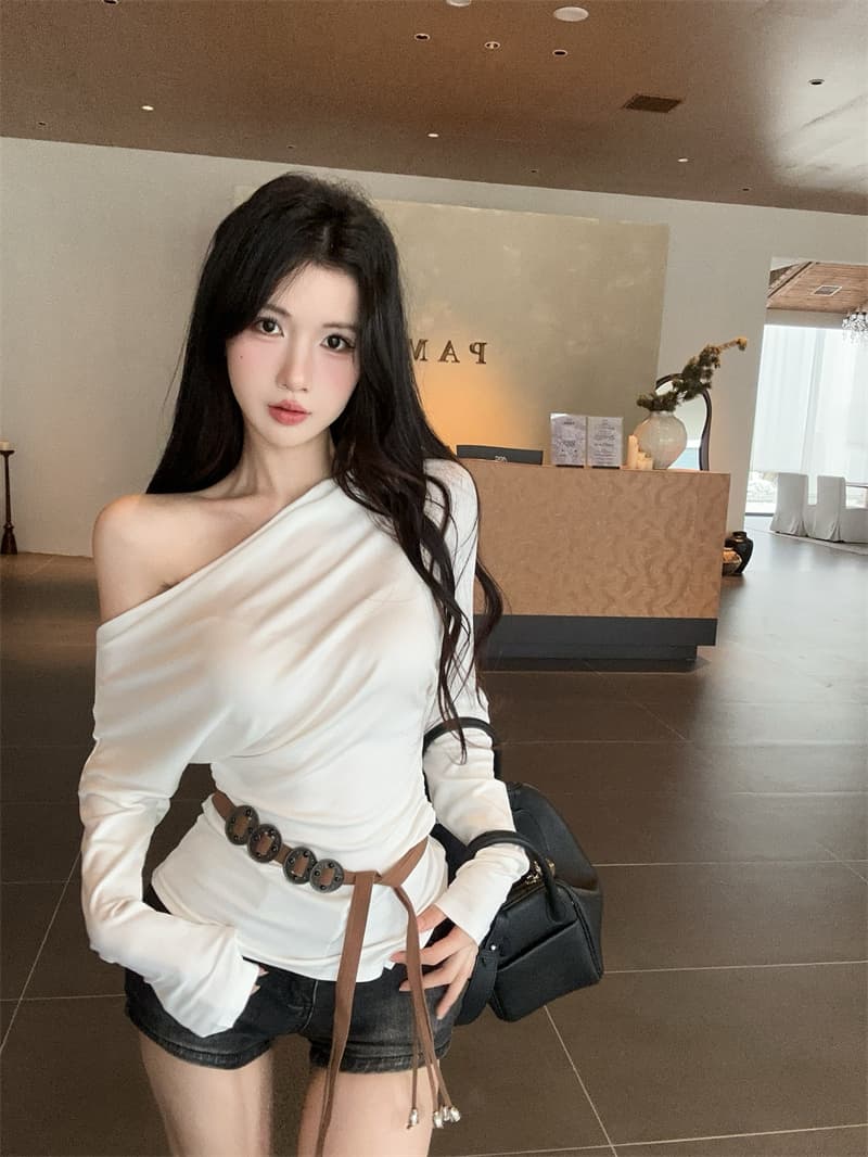 실사 불규칙 오프숄더 몸매 가꾸기 긴팔 순면 티셔츠 맨위 여성 벨트 포함 상세 이미지 9