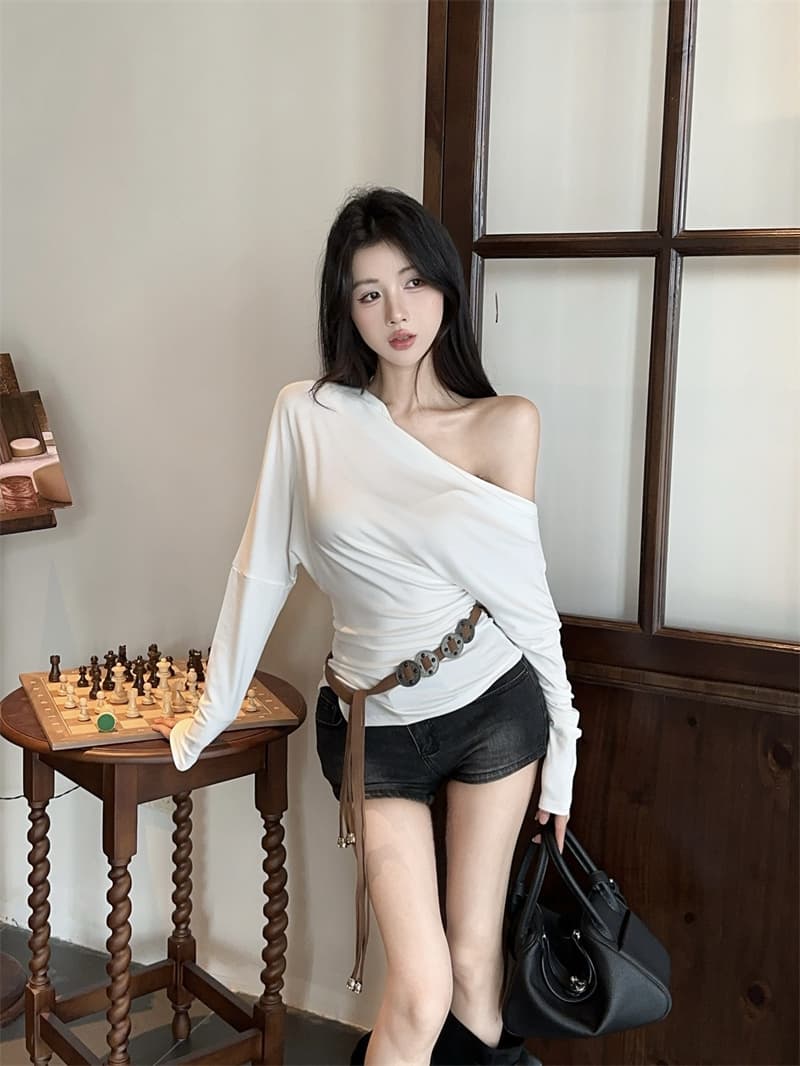 실사 불규칙 오프숄더 몸매 가꾸기 긴팔 순면 티셔츠 맨위 여성 벨트 포함 상세 이미지 10