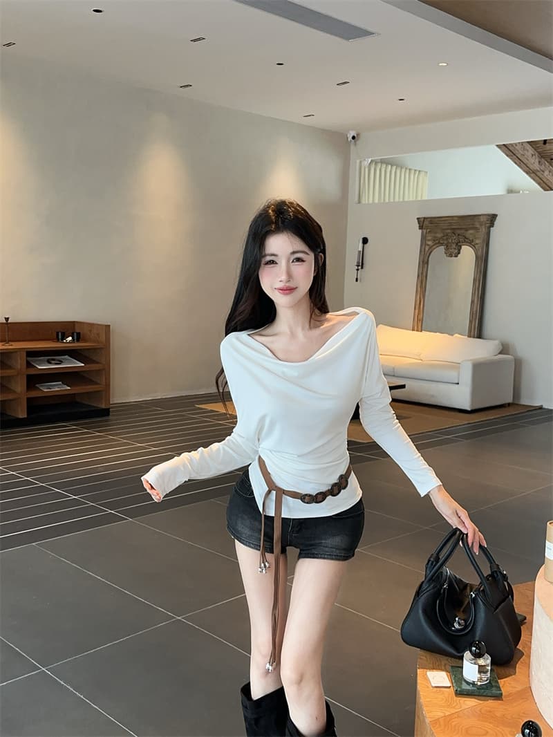 실사 불규칙 오프숄더 몸매 가꾸기 긴팔 순면 티셔츠 맨위 여성 벨트 포함 상세 이미지 12