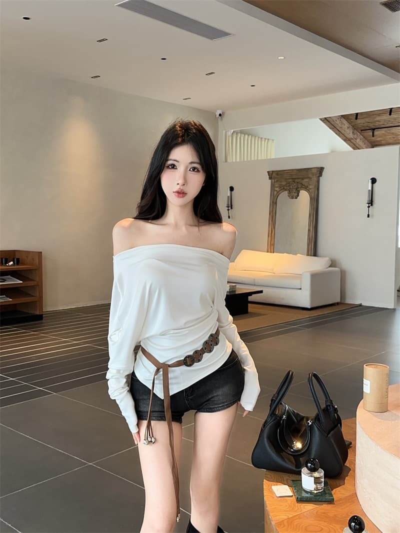 실사 불규칙 오프숄더 몸매 가꾸기 긴팔 순면 티셔츠 맨위 여성 벨트 포함 상세 이미지 13