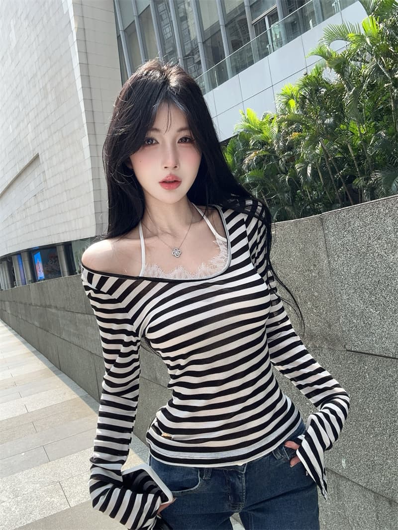 실사 디자인 센스 레이스 행침 목 배색 스트라이프 티셔츠 맨위 여성 상세 이미지 2