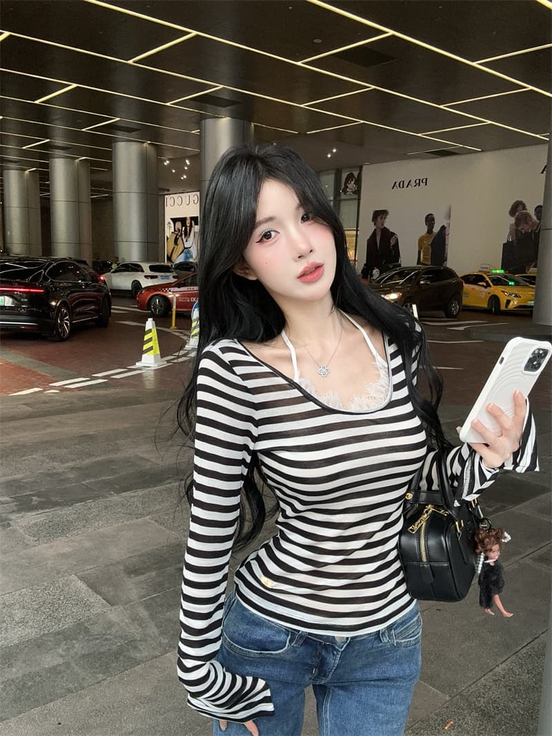 실사 디자인 센스 레이스 행침 목 배색 스트라이프 티셔츠 맨위 여성 상세 이미지 3