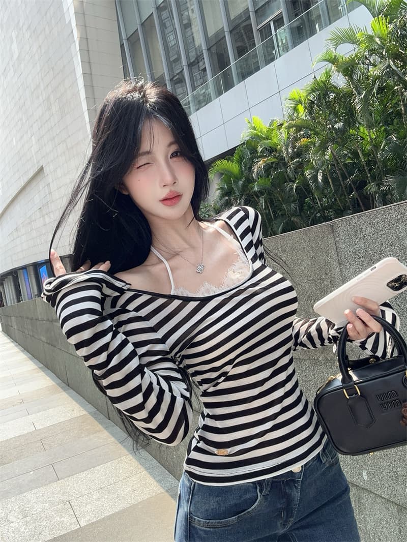 실사 디자인 센스 레이스 행침 목 배색 스트라이프 티셔츠 맨위 여성 상세 이미지 4