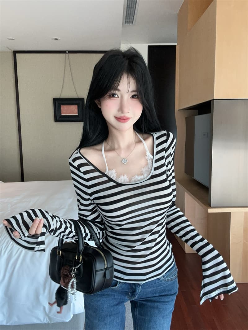 실사 디자인 센스 레이스 행침 목 배색 스트라이프 티셔츠 맨위 여성 상세 이미지 6