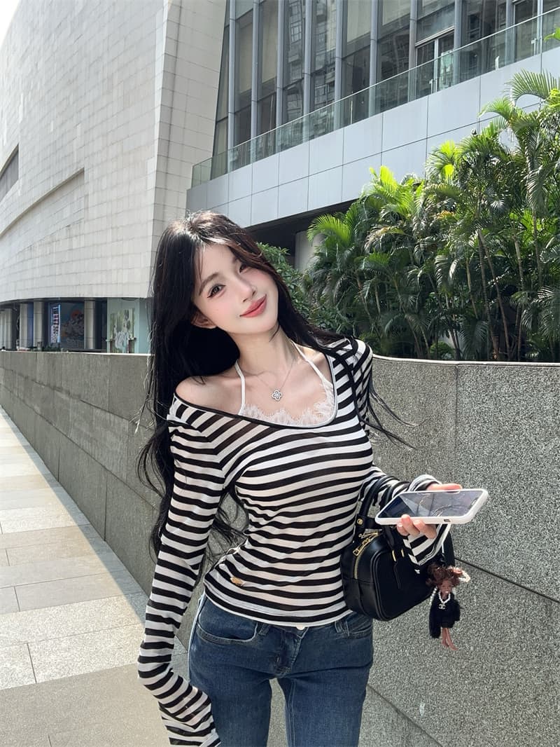 실사 디자인 센스 레이스 행침 목 배색 스트라이프 티셔츠 맨위 여성 상세 이미지 7