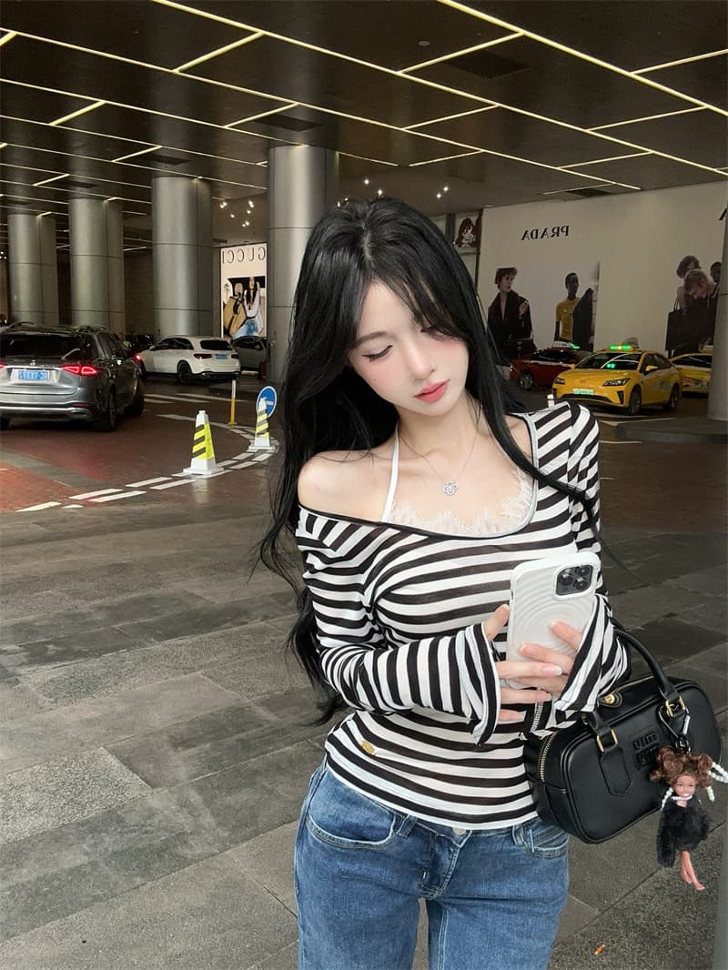 실사 디자인 센스 레이스 행침 목 배색 스트라이프 티셔츠 맨위 여성 상세 이미지 8