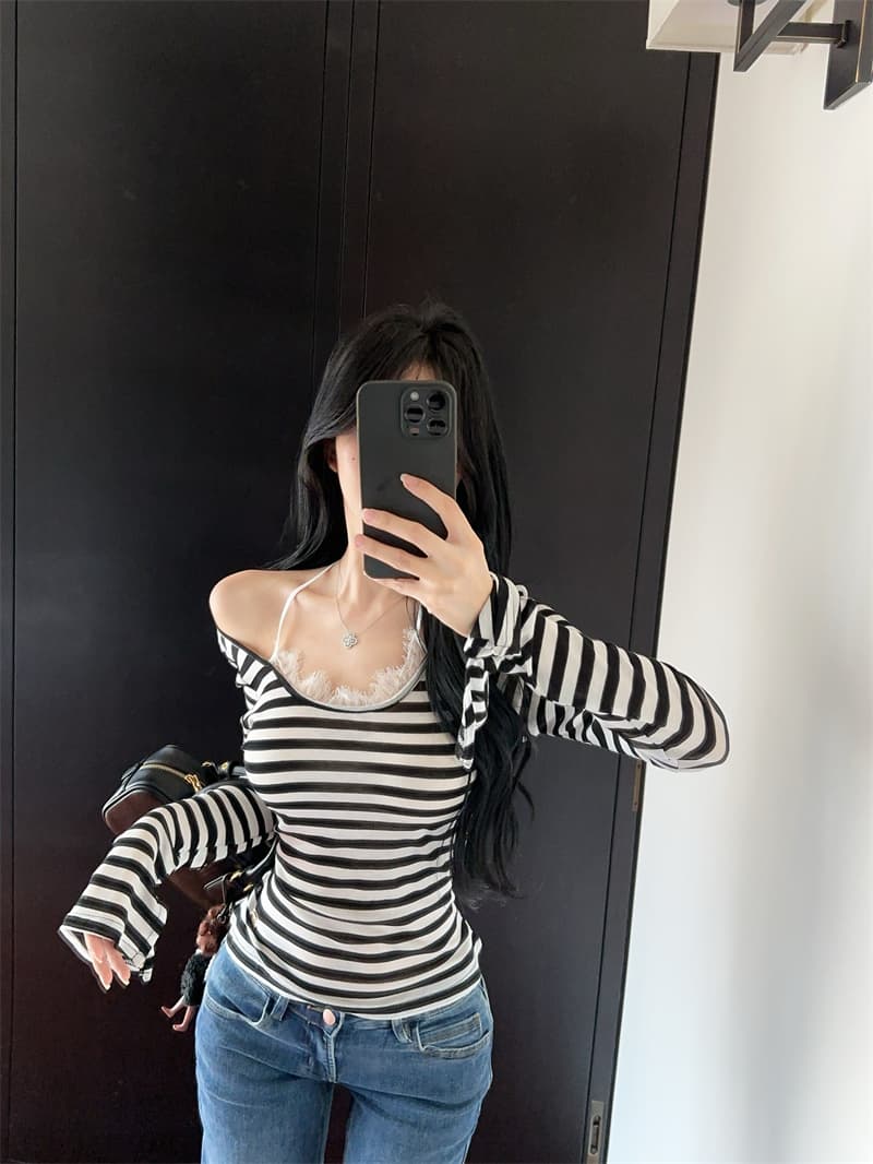 실사 디자인 센스 레이스 행침 목 배색 스트라이프 티셔츠 맨위 여성 상세 이미지 11