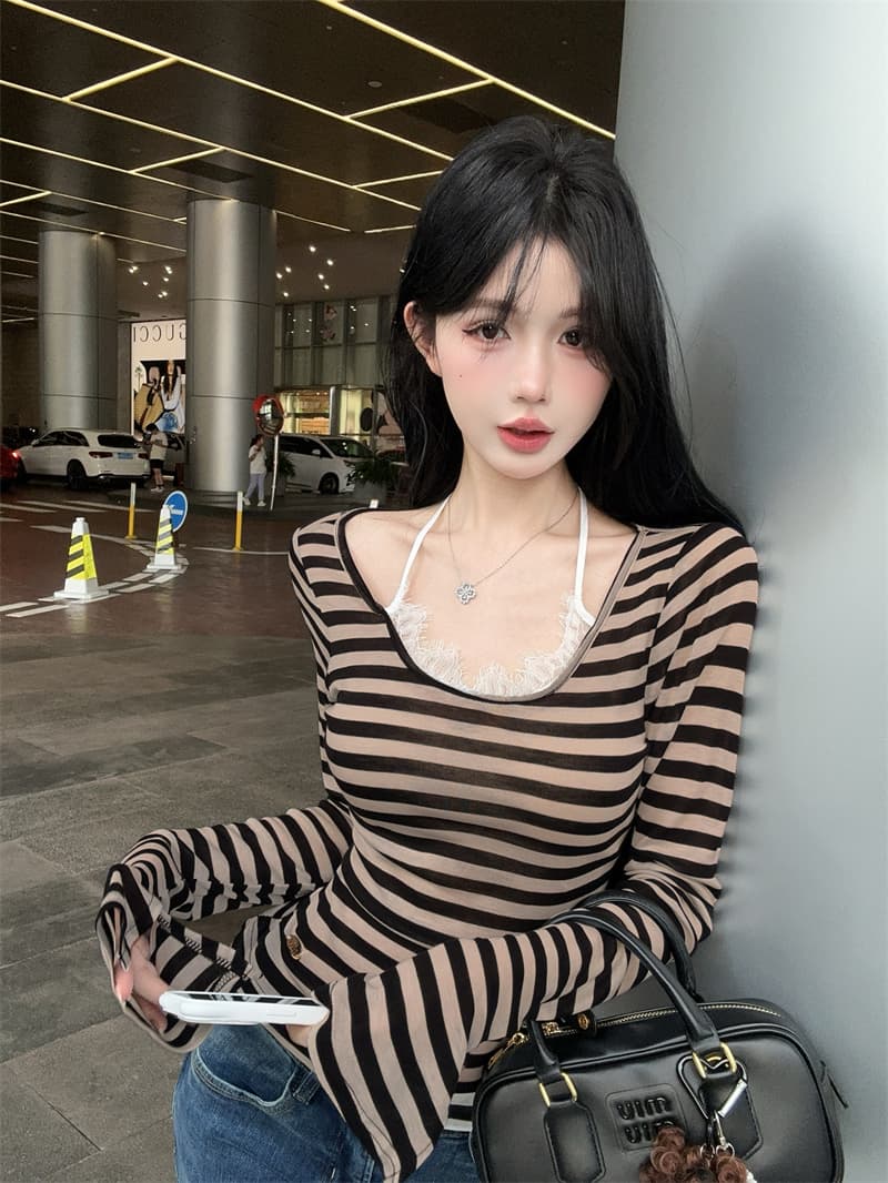 실사 디자인 센스 레이스 행침 목 배색 스트라이프 티셔츠 맨위 여성 상세 이미지 15