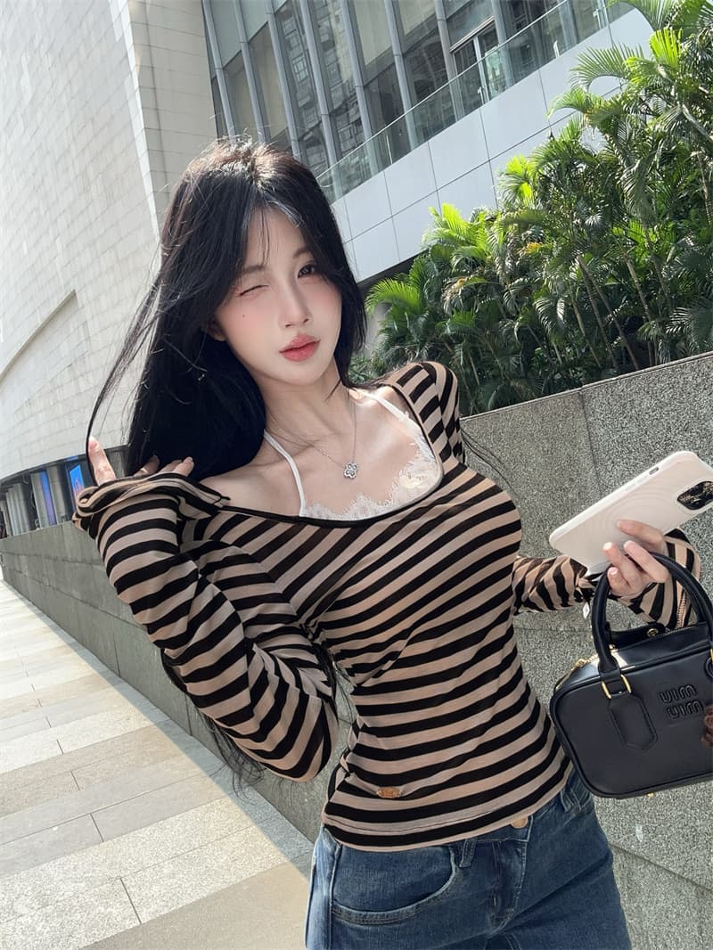 실사 디자인 센스 레이스 행침 목 배색 스트라이프 티셔츠 맨위 여성 상세 이미지 16