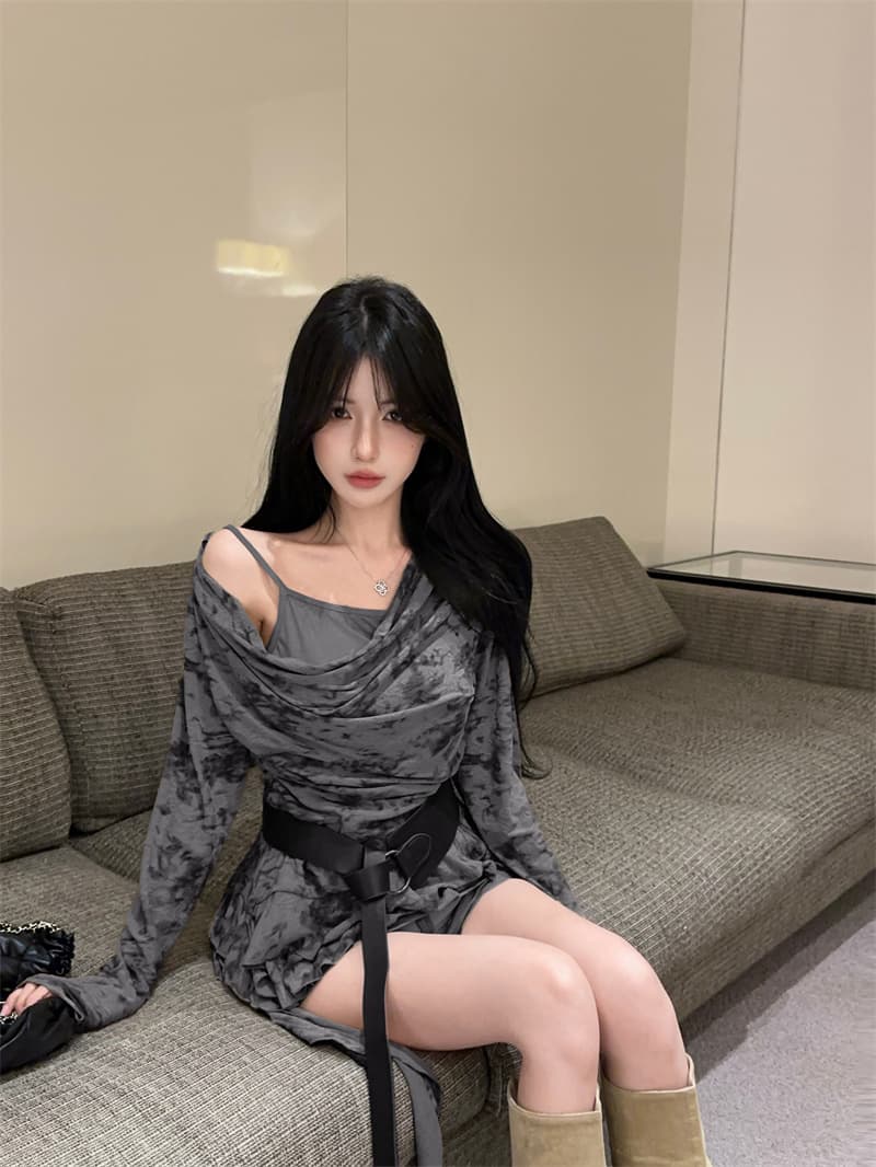 실사 고급 센스 다용도 페이크 레이어드 흔들다 칼라 긴팔 티셔츠 맨위 여성 경기 벨트 이미지 3