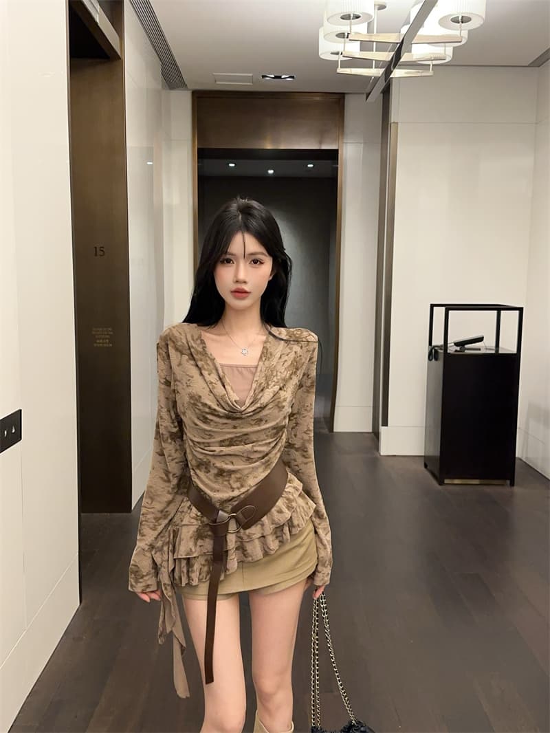실사 고급 센스 다용도 페이크 레이어드 흔들다 칼라 긴팔 티셔츠 맨위 여성 경기 벨트 상세 이미지 1