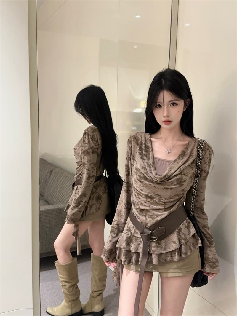 실사 고급 센스 다용도 페이크 레이어드 흔들다 칼라 긴팔 티셔츠 맨위 여성 경기 벨트 상세 이미지 2
