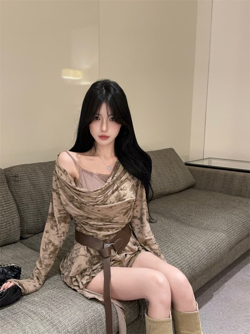 실사 고급 센스 다용도 페이크 레이어드 흔들다 칼라 긴팔 티셔츠 맨위 여성 경기 벨트 상세 이미지 3