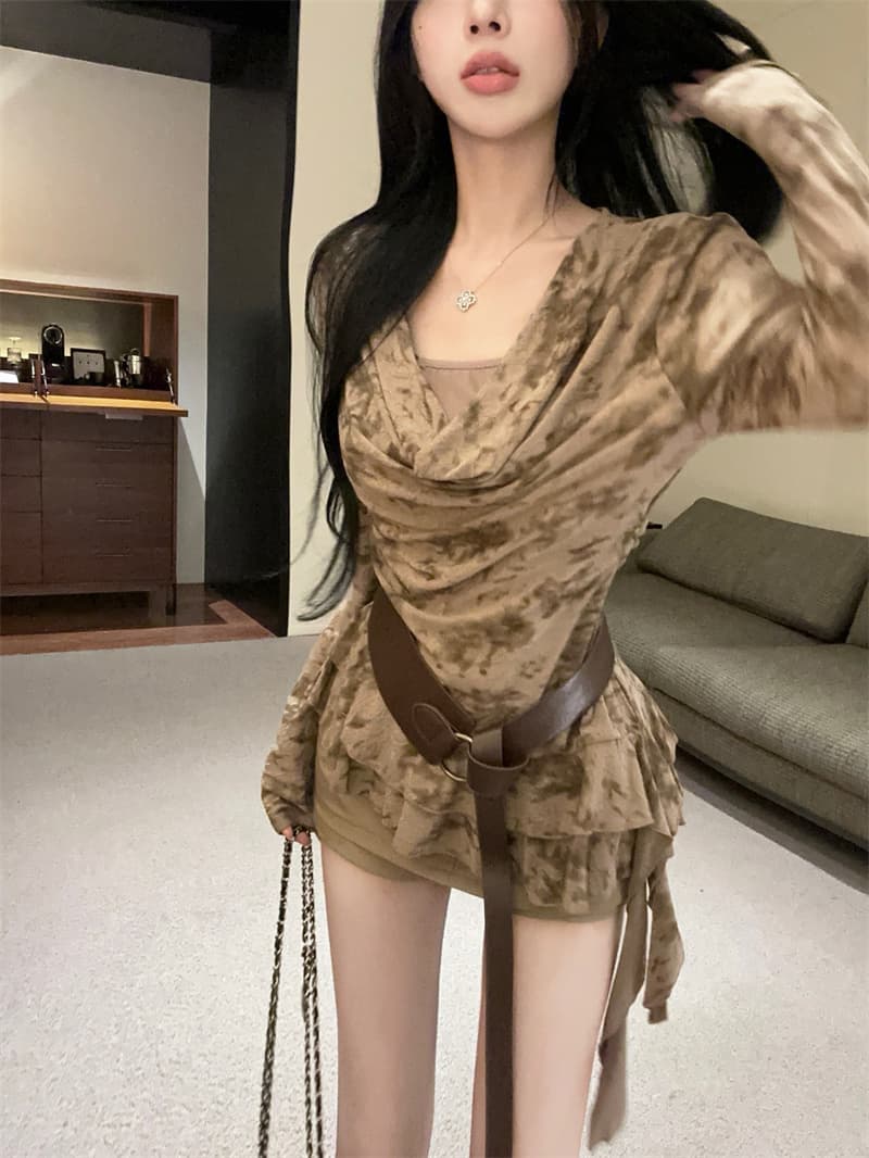 실사 고급 센스 다용도 페이크 레이어드 흔들다 칼라 긴팔 티셔츠 맨위 여성 경기 벨트 상세 이미지 5
