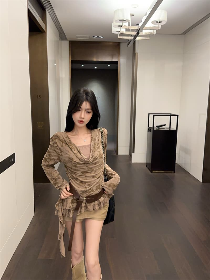 실사 고급 센스 다용도 페이크 레이어드 흔들다 칼라 긴팔 티셔츠 맨위 여성 경기 벨트 상세 이미지 8