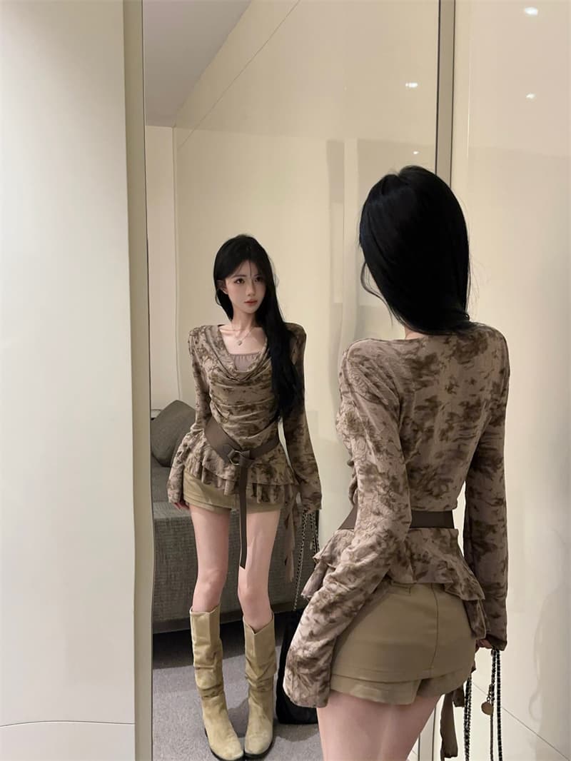 실사 고급 센스 다용도 페이크 레이어드 흔들다 칼라 긴팔 티셔츠 맨위 여성 경기 벨트 상세 이미지 10