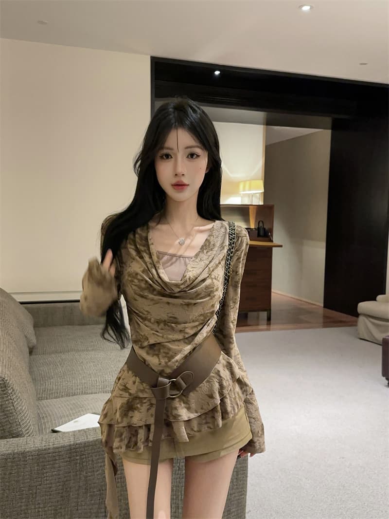 실사 고급 센스 다용도 페이크 레이어드 흔들다 칼라 긴팔 티셔츠 맨위 여성 경기 벨트 상세 이미지 11