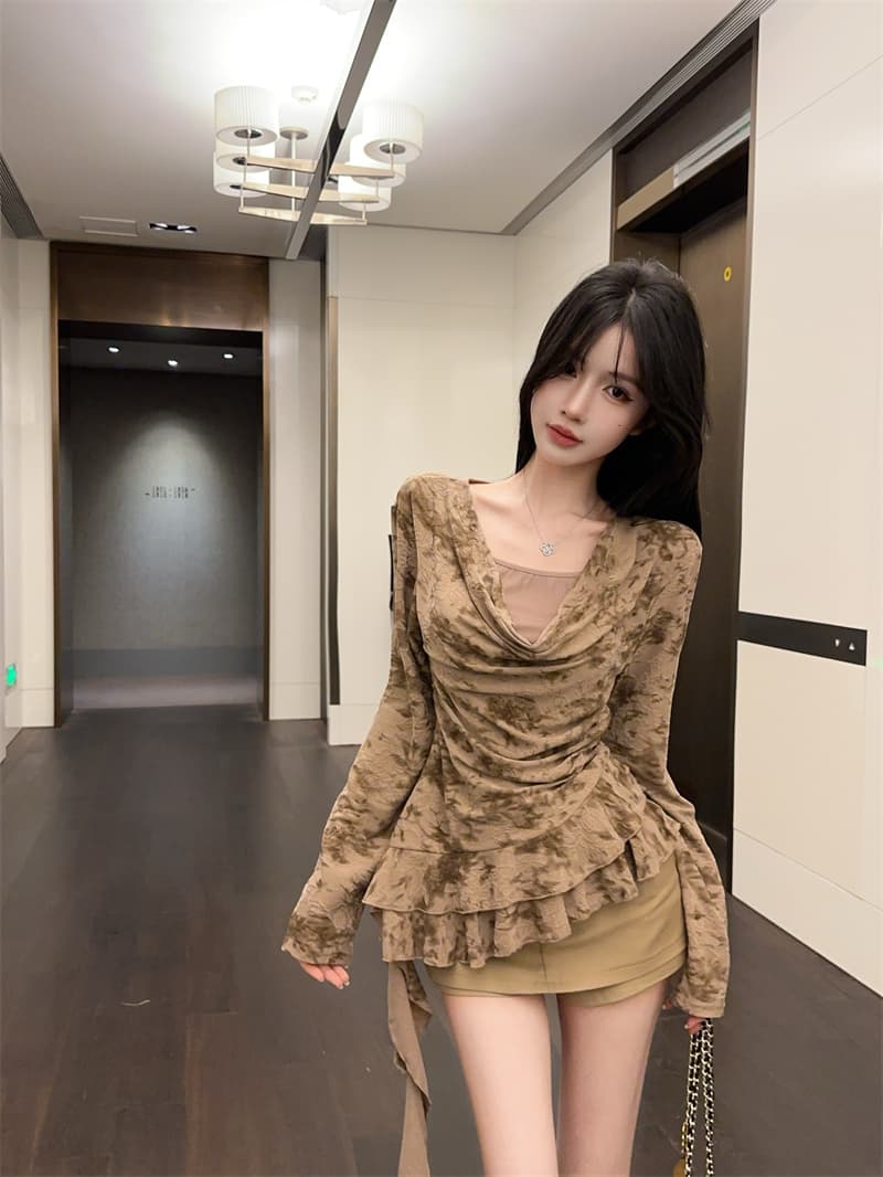 실사 고급 센스 다용도 페이크 레이어드 흔들다 칼라 긴팔 티셔츠 맨위 여성 경기 벨트 상세 이미지 12