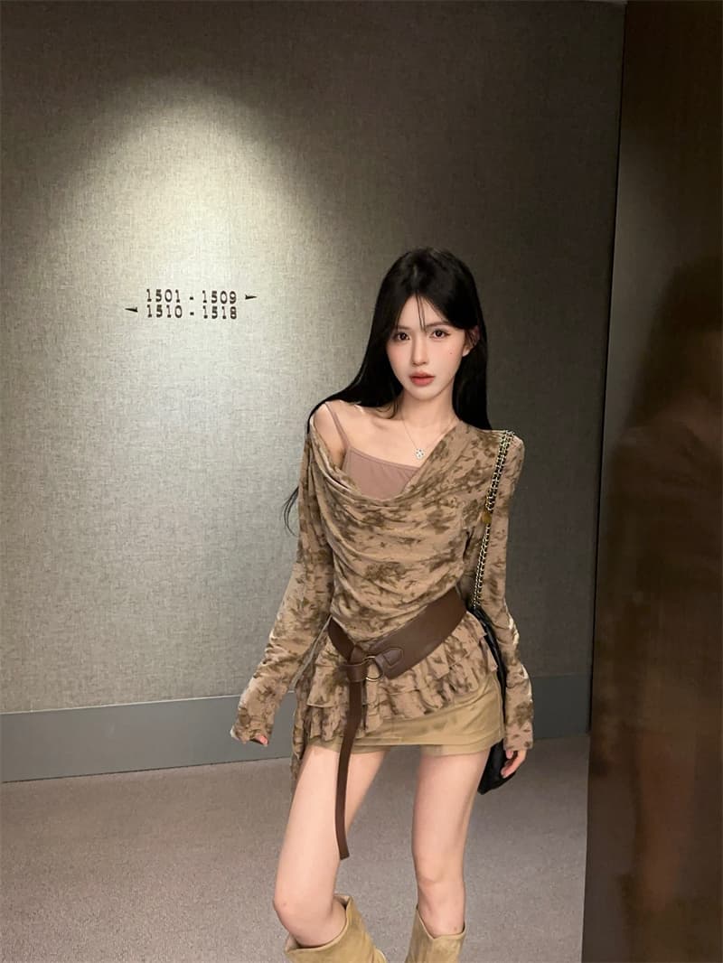 실사 고급 센스 다용도 페이크 레이어드 흔들다 칼라 긴팔 티셔츠 맨위 여성 경기 벨트 상세 이미지 13
