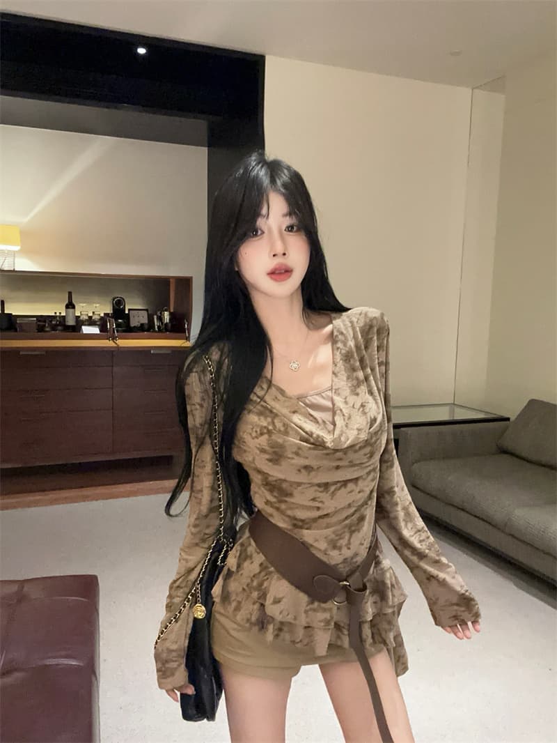 실사 고급 센스 다용도 페이크 레이어드 흔들다 칼라 긴팔 티셔츠 맨위 여성 경기 벨트 상세 이미지 14