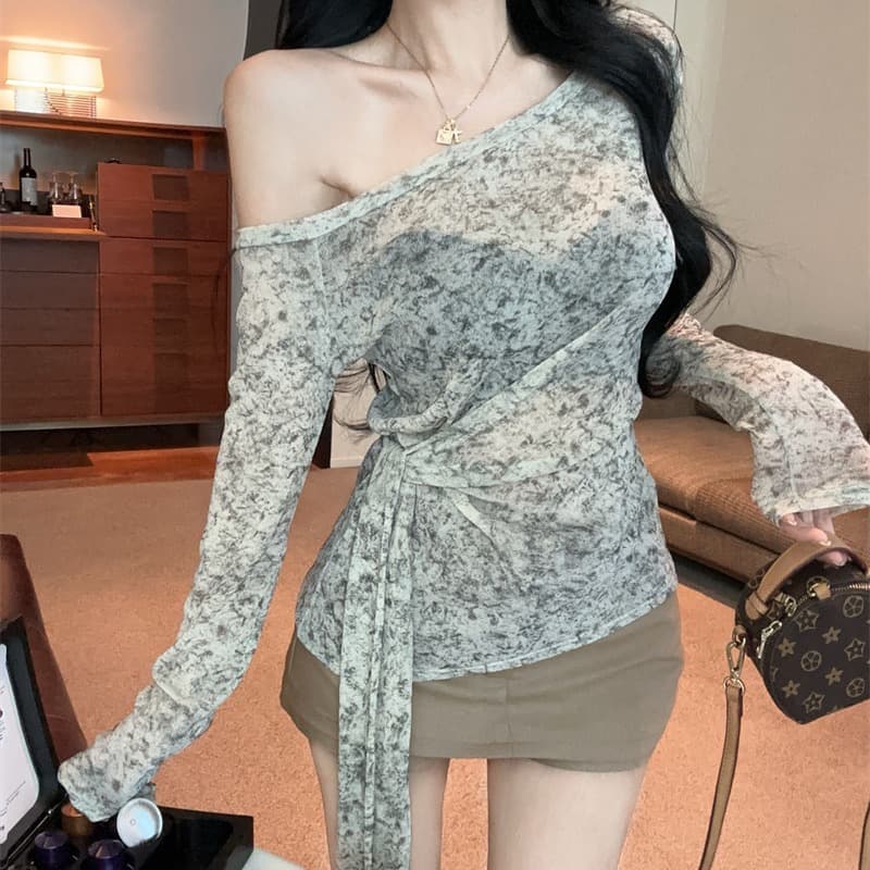 실사 디자인 센스 헤일로 염색 비스듬한 칼라 오프숄더 긴팔 스트랩 허리 수축 티셔츠 맨위 여성 이미지 5