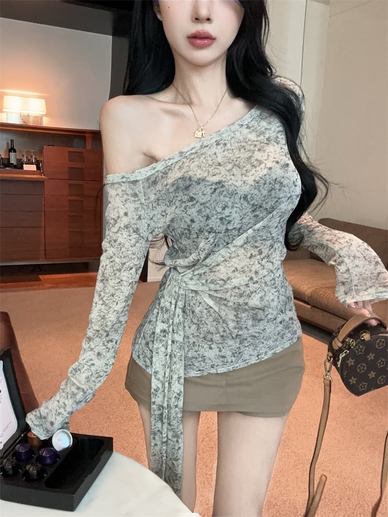 실사 디자인 센스 헤일로 염색 비스듬한 칼라 오프숄더 긴팔 스트랩 허리 수축 티셔츠 맨위 여성 상세 이미지 3