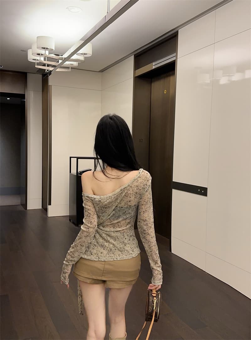 실사 디자인 센스 헤일로 염색 비스듬한 칼라 오프숄더 긴팔 스트랩 허리 수축 티셔츠 맨위 여성 상세 이미지 11