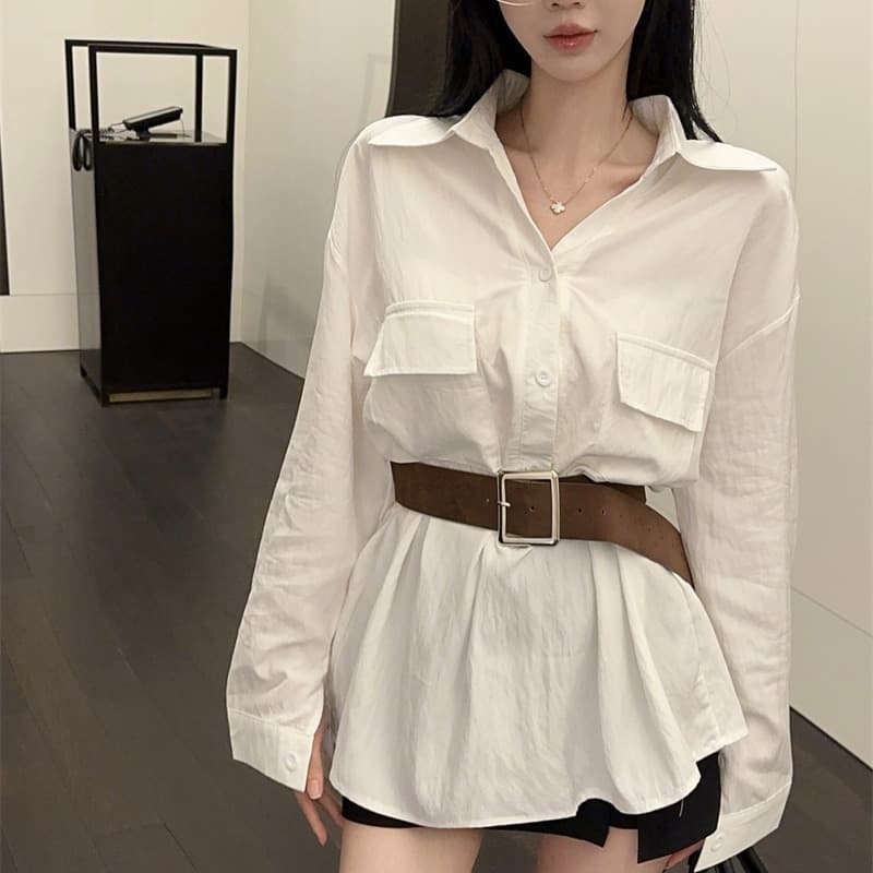 실사 품격 폴로 칼라 연령 감소 긴팔 화이트 여성 셔츠 벨트 포함 이미지 6