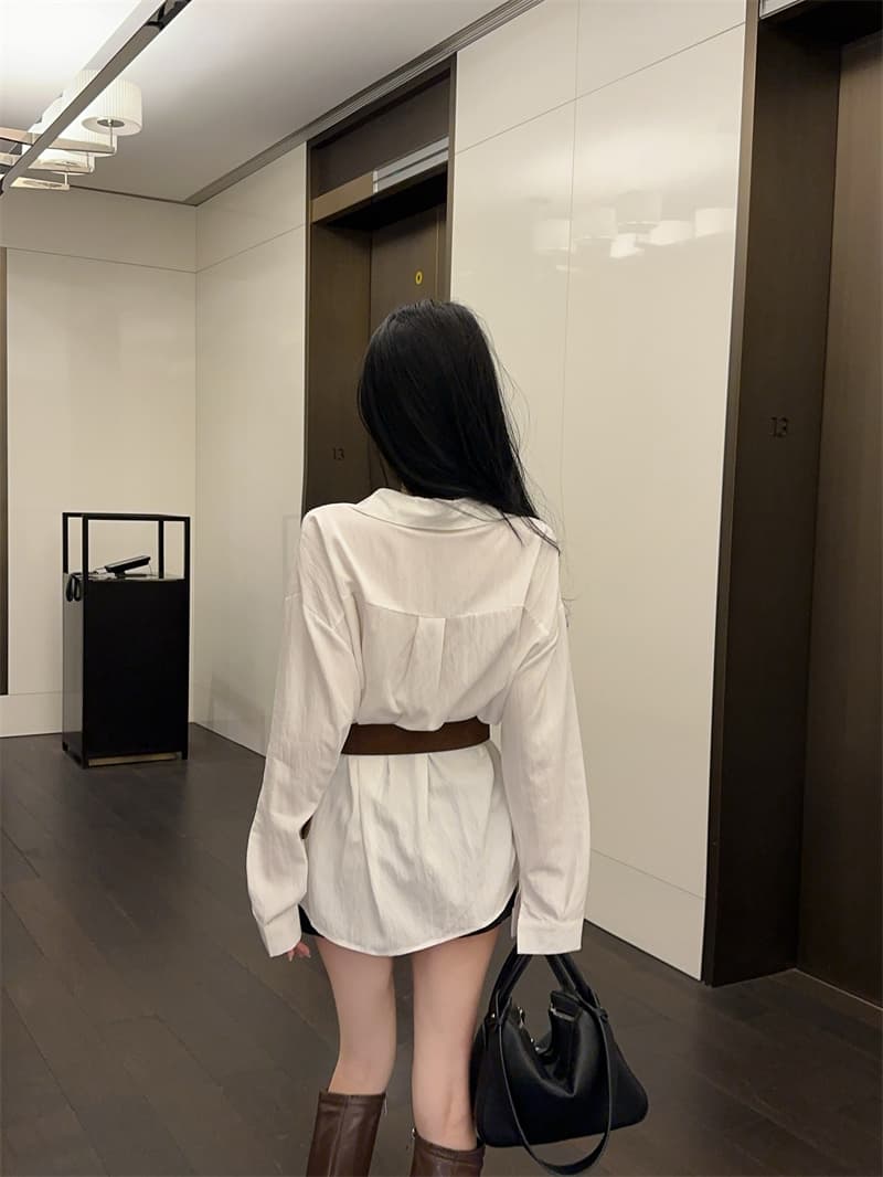 실사 품격 폴로 칼라 연령 감소 긴팔 화이트 여성 셔츠 벨트 포함 상세 이미지 3