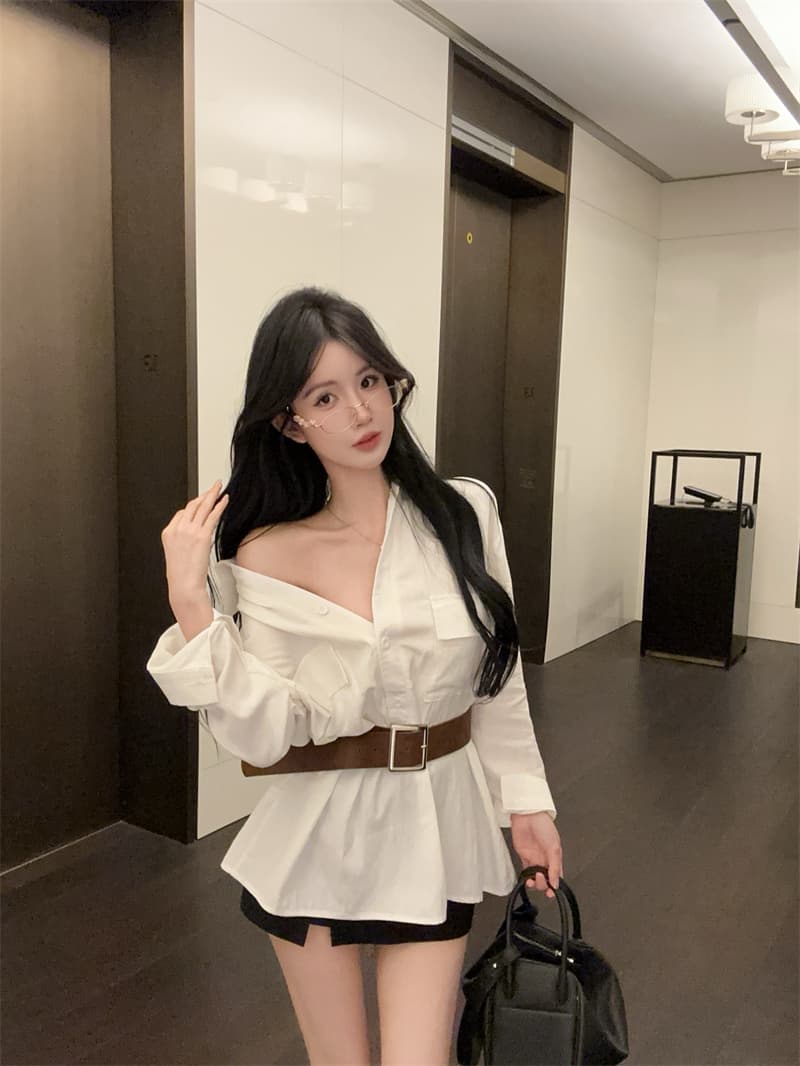 실사 품격 폴로 칼라 연령 감소 긴팔 화이트 여성 셔츠 벨트 포함 상세 이미지 6