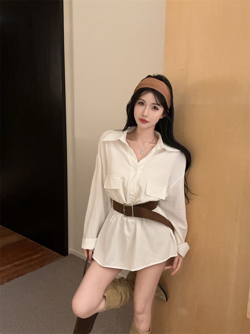실사 품격 폴로 칼라 연령 감소 긴팔 화이트 여성 셔츠 벨트 포함 상세 이미지 7