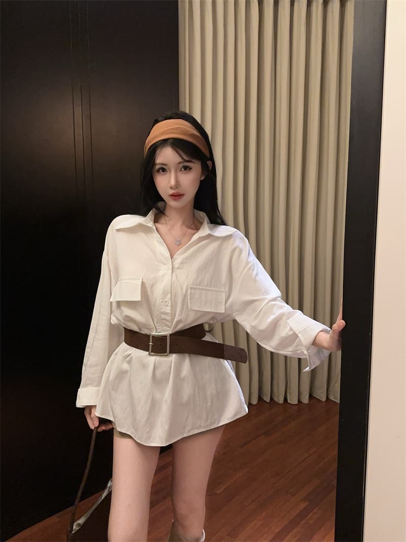 실사 품격 폴로 칼라 연령 감소 긴팔 화이트 여성 셔츠 벨트 포함 상세 이미지 8