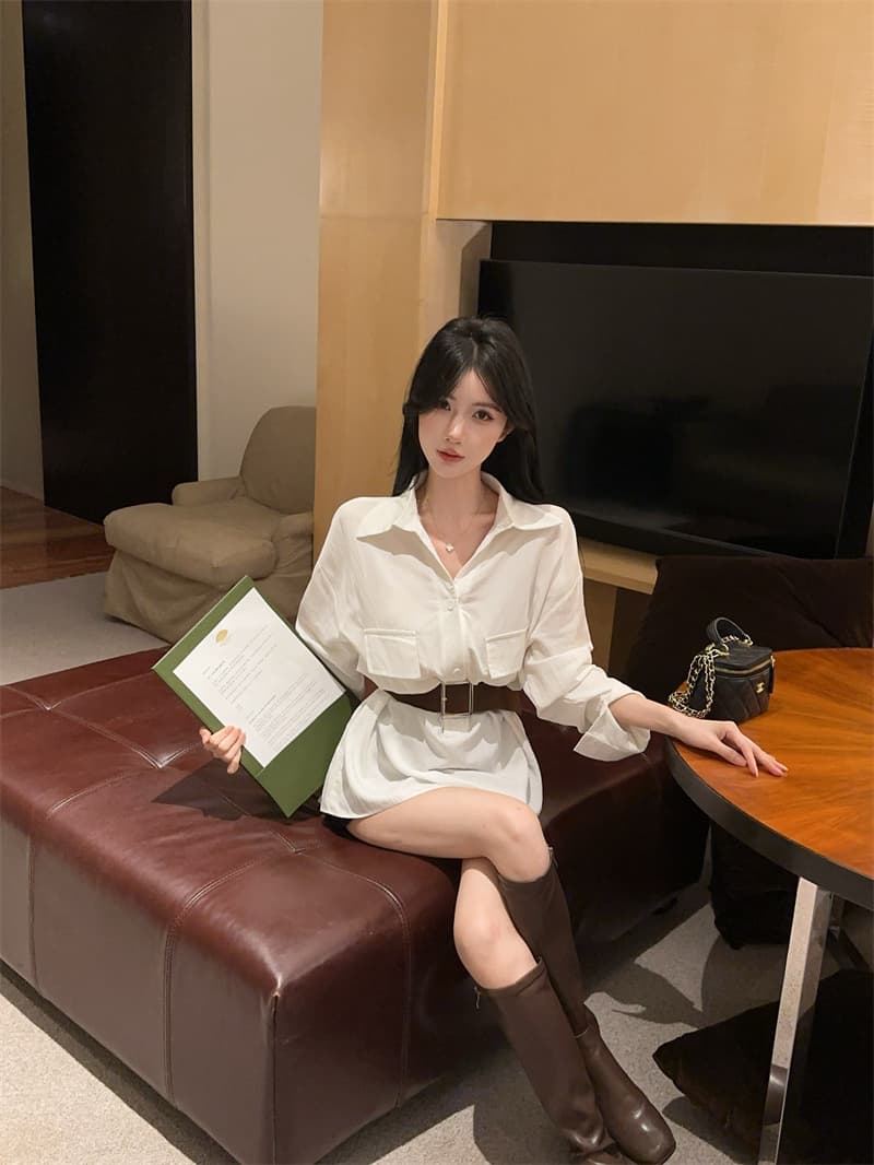 실사 품격 폴로 칼라 연령 감소 긴팔 화이트 여성 셔츠 벨트 포함 상세 이미지 10